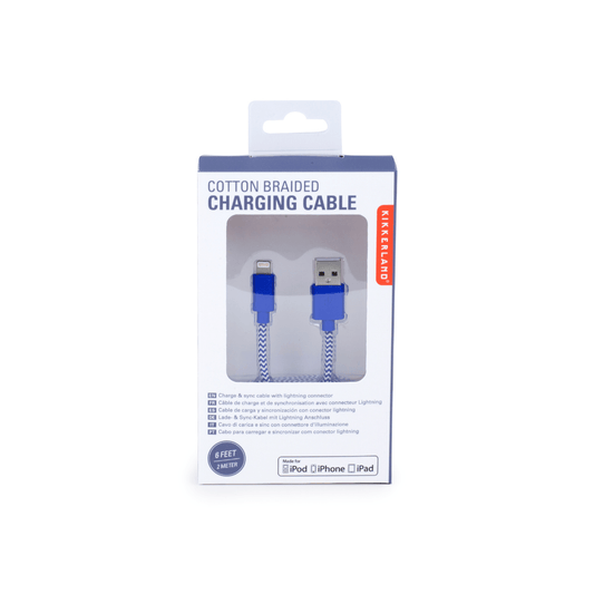 Kikkerland Novelty Blue Chevron Cotton Braided Charging Cable